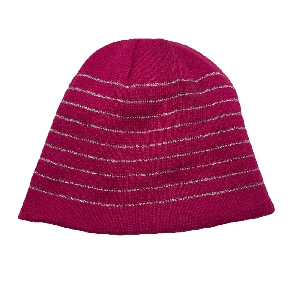 Gerry Magenta Pink Silver Metallic‎ Striped Knit Beanie Winter Hat Womens Mens